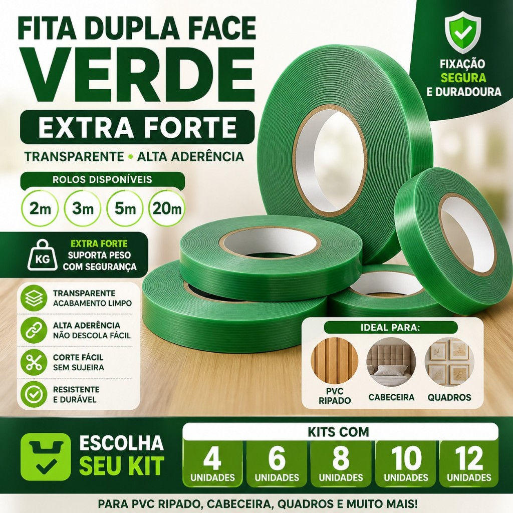 Fita Dupla Face Transparente Extra Forte Rolo 2m 3m 5m 20m Para PVC Ripado Cabeceira Quadros
