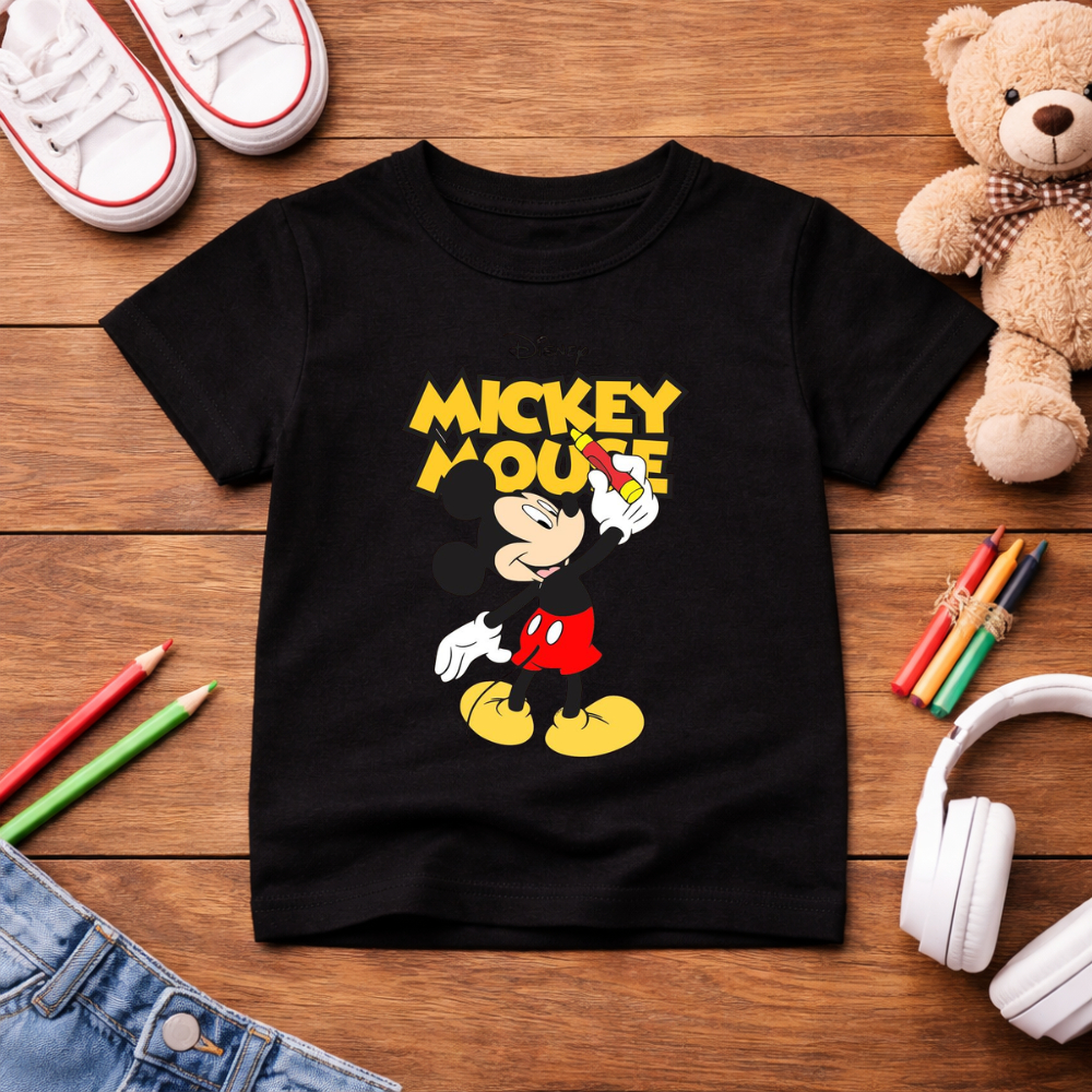 Camisa camiseta infantil unisexx Menino Menina Mickey Mouse escrevendo 100% algodão premium