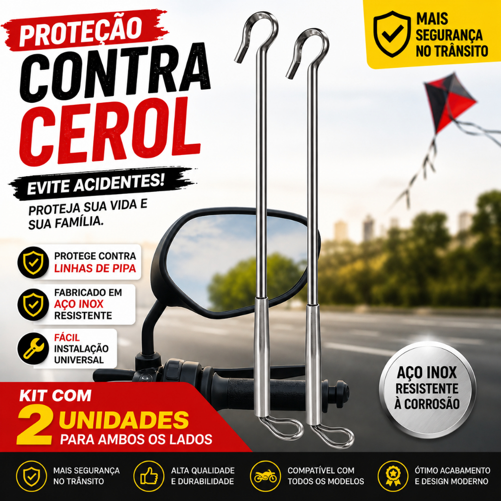 Antena Inox Corta Linha Pipa Retrovisor Moto Kit 2 Proteção Contra Cerol Universal