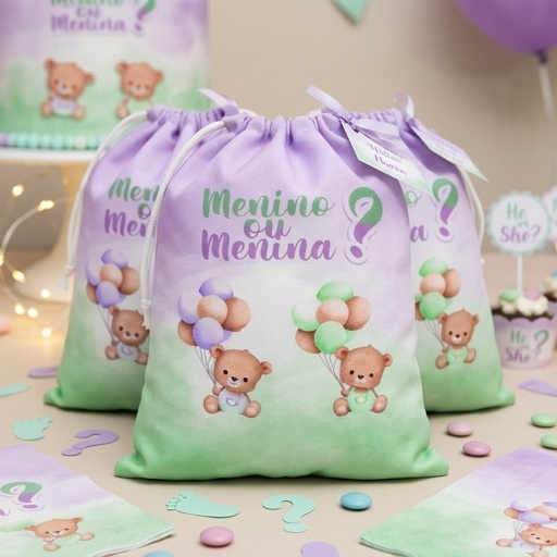 10 sacolinhas personalizada tecido CHÁ REVELAÇÃO VERDE E LILAS  lembrancinhas aniversario 30cmx20cm