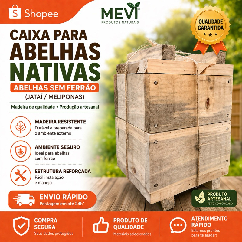 Caixa para Abelhas Sem Ferrão Jataí Meliponário em Madeira Resistente | Produção Artesanal