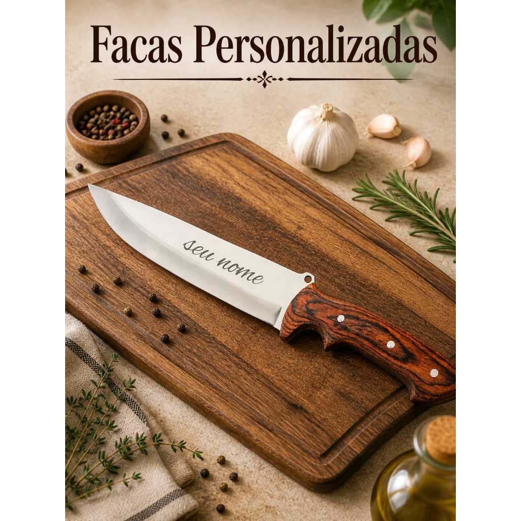Faca PERSONALIZADA Tatica Churrasco Full Tang Cabo Artesanal Madeira Empunhadura Dupla Com Bainha