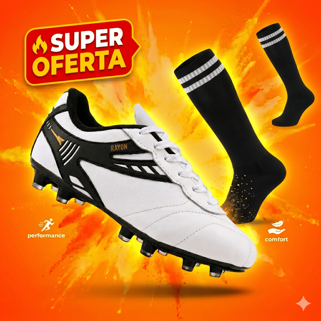 Chuteira em Couro 100% Legitimo Campo Trava Resistente Costurada Original Fly Grip R416-03 + Meião