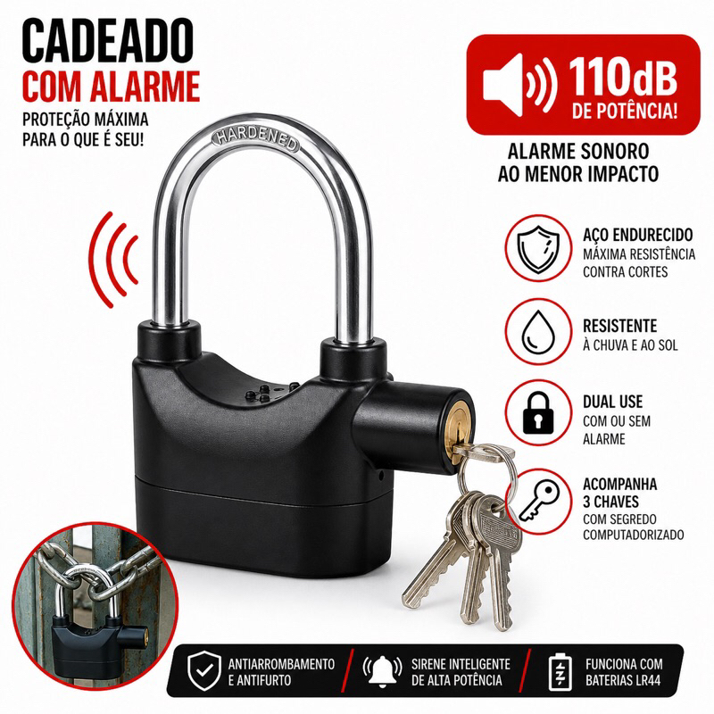 Cadeado Antifurto Ultra Resistente com Alarme Sonoro de 110dB – Proteção Máxima para Portões, Motos e Grades