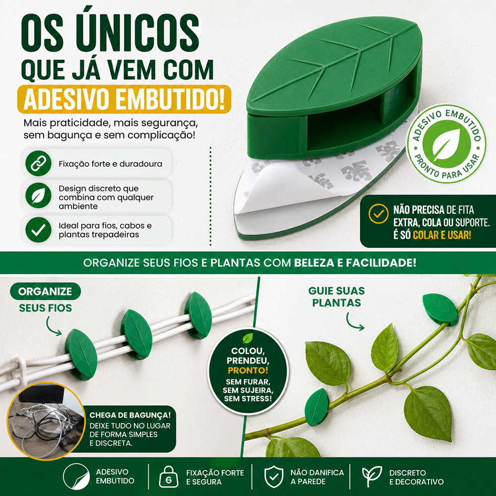 Kit Ganchos Adesivos Discretos para Plantas Trepadeiras e Decoração + Organizador de jardim e Fios | 30 a 60 Unidades
