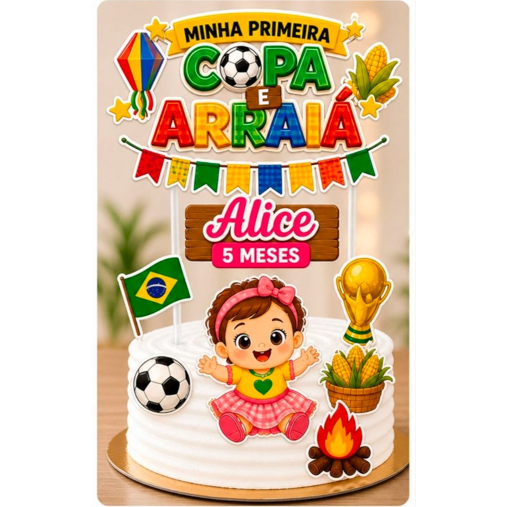 TOPO TOPPER DE BOLO PERSONALIZADO COPA DO MUNDO MEU PRIMEIRO ARRAIA/ DECORAÇÃO FESTA JUNINA/ DECORAÇÃO COPA DO MUNDO