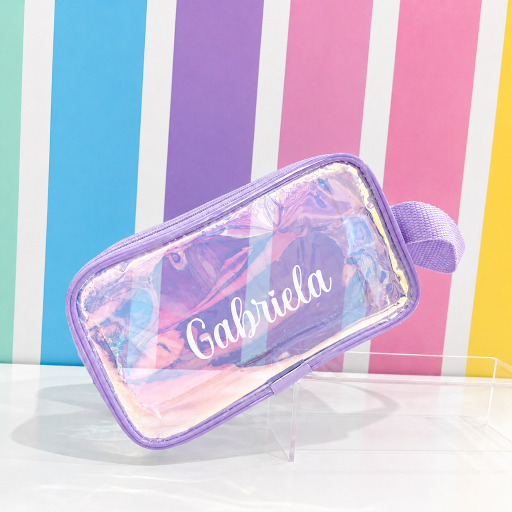Detalhes do Estojo Holográgico Personalizado colorido para brindes e festas infantis lembrancinha furta cor Necessaire maquiagens