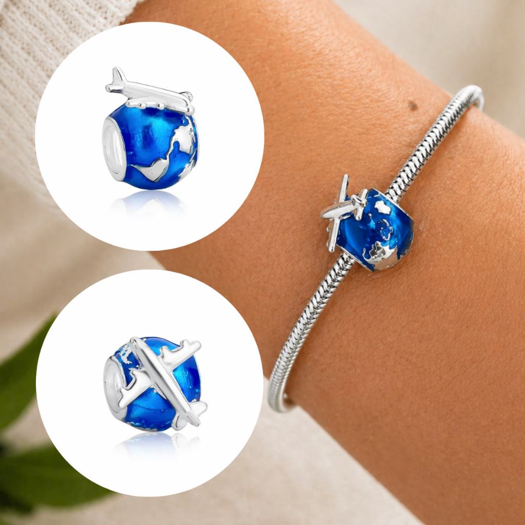 Berloque Globo Terrestre Avião Esmaltado Prata 925 Berloque Charm Pingente Globo Viagem