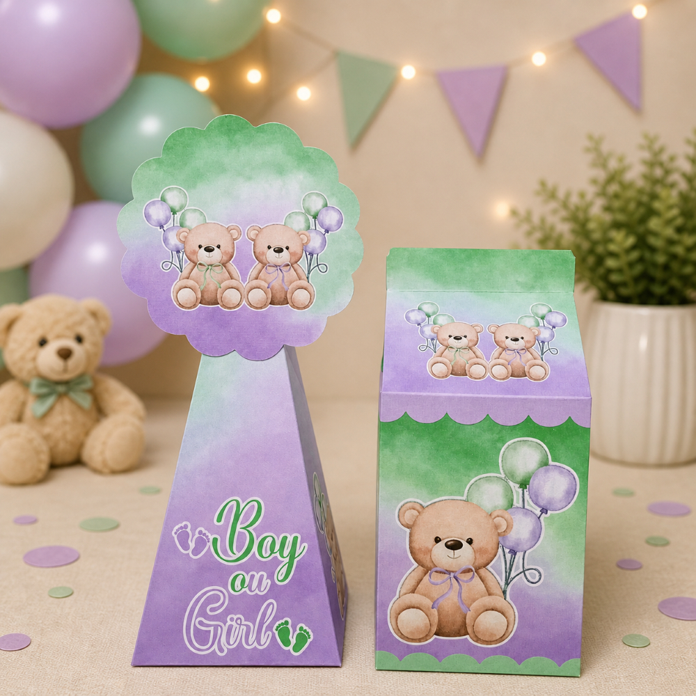 Kit Personalizado Ursinhos Verde Lilás | Chá Revelação | Lembrancinhas Festa Infantil | Caixinhas
