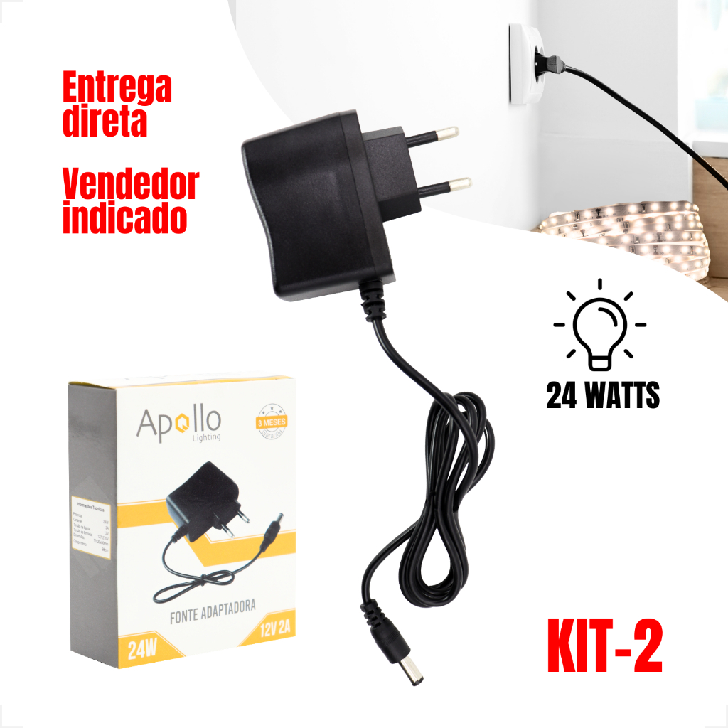 Kit 2 Fonte LED 12V 2A 24W  Plug Macho Estabilizada Ideal Para Fitas Led 110/220V Compacta Segura