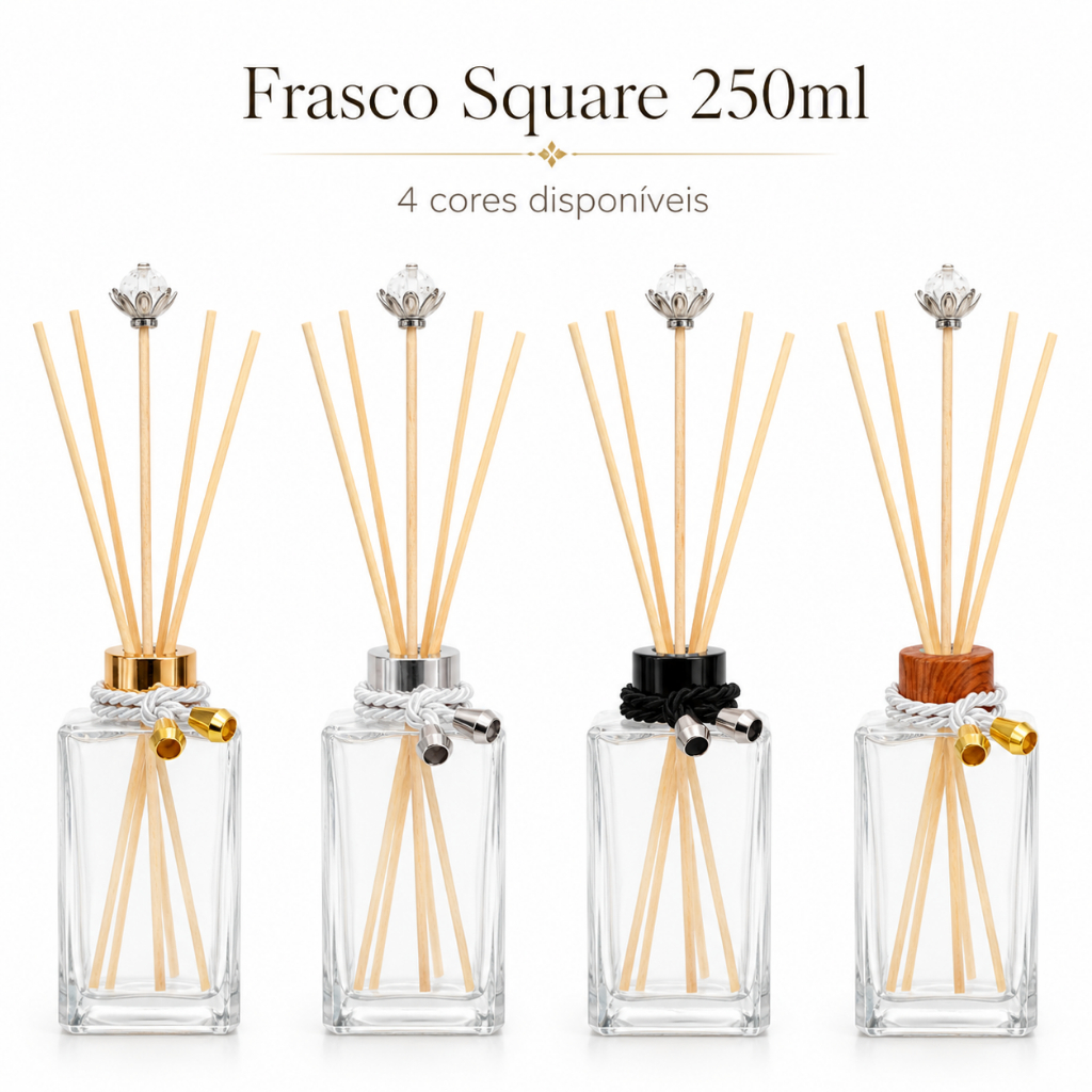 Frasco Difusor de Ambiente Square 250ml com Varetas e Flor Decorativa Unitário