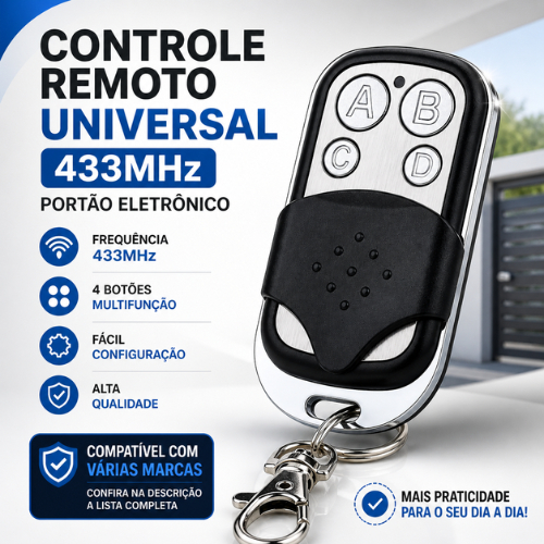 Controle Remoto Portão Eletrônico Universal 433MHz 4 Botões Compatível Fácil Configuração Alta Qualidade