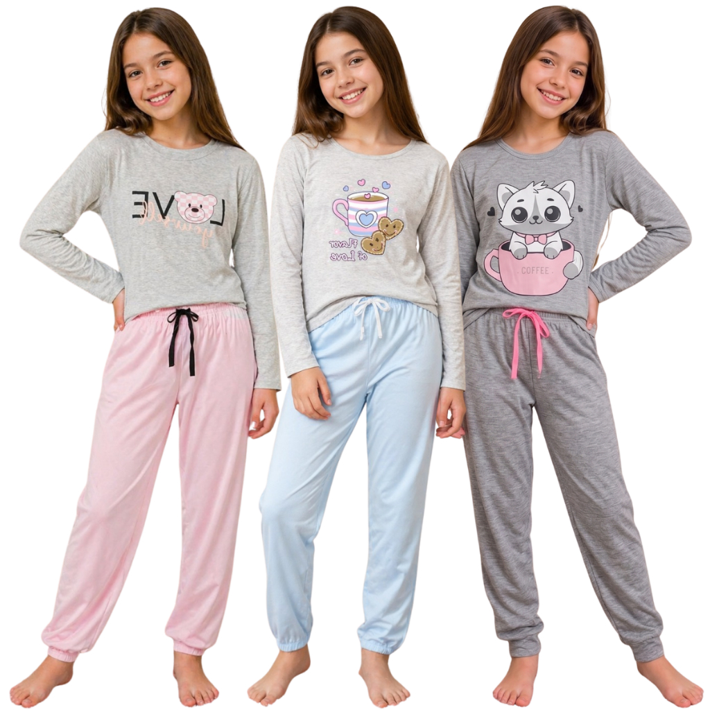 Kit 3 Pijama Infantis Juvenil Menina Roupa De Dormir Feminino De Inverno Longo Com Punho E Estampado