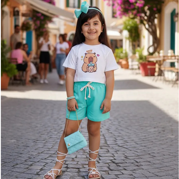 Conjunto Infantil Menina Short e Cropped Capivara Shortinho Bermudinha Verão