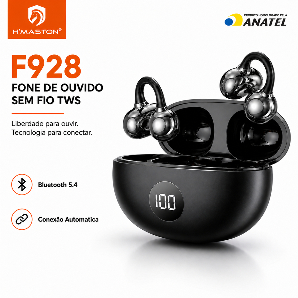 Fone de Ouvido Bluetooth H'maston F928 Clipe de Orelha Sem Fio Ear Clip Condução Óssea Esportivo p/ Corrida Academia