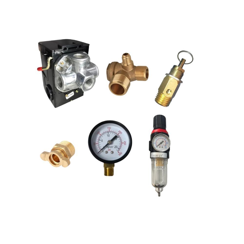 Kit Completo para Compressor de Ar 1/4" – Pressostato 80/120 PSI + AFR2000 + Manômetro 300 PSI + Válvulas e Purgador