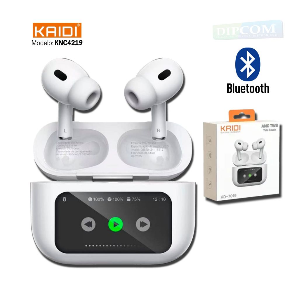Fone de Ouvido Bluetooth 5.3 Sem Fio com Visor Touch ANC TWS Original Kaid KNC4219