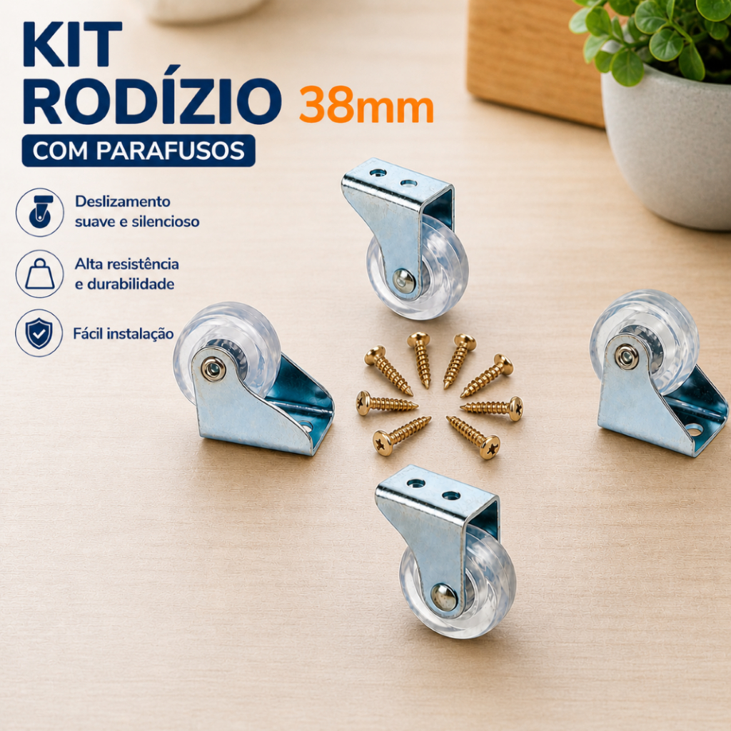 Kit 4 Rodízios Fixos 38mm Silicone Gel Kit 4 Rodinhas Baixo Perfil para Bicama Sofá Armário