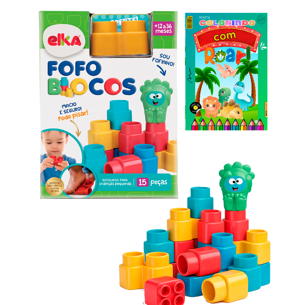 Jogo de Encaixe Blocos de Montar Fofo Bloco 15 Peças Brinquedos de Menino e Menina + Revista Colorir