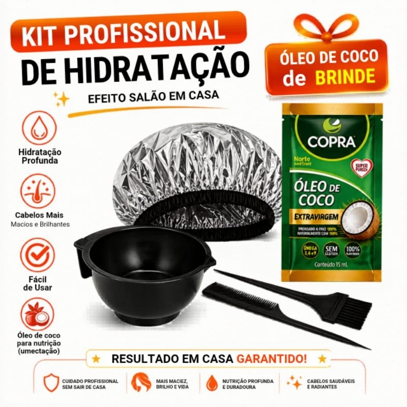 Kit Hidratação Capilar Completo Touca Térmica Metalizada + Óleo de coco + Pote e Pincel-Tratamento Profissional em casa