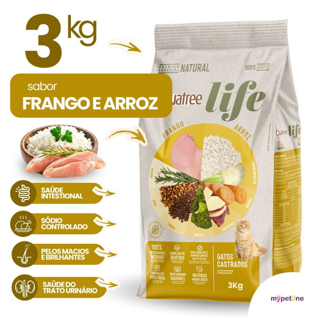 Ração Seca Quatree Life Frango e Arroz Gatos Castrados - 3 Kg