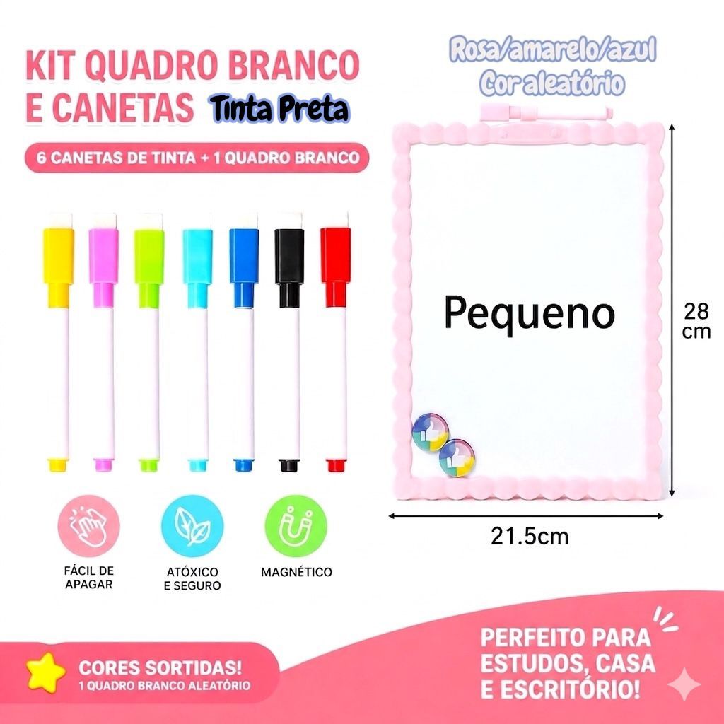 Quadro Branco com Canetas 6/12 Cores Tinta Preta Kit Lousa Lavável Escolar