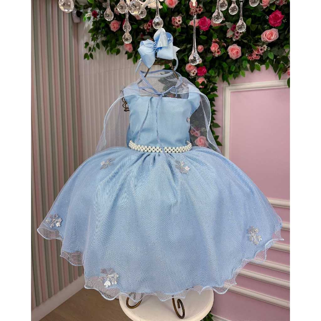 Vestido Princesa Elsa Frozen Luxo Azul com Capa 1 ao 12 - Modelo Premium Festa Infantil - Acabamento Fino