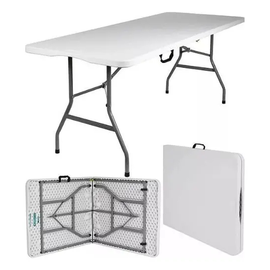 Mesa Dobrável Portátil 180x70cm Vira Maleta Branca | Plástico Resistente + Estrutura em Aço | Multiuso Eventos Camping