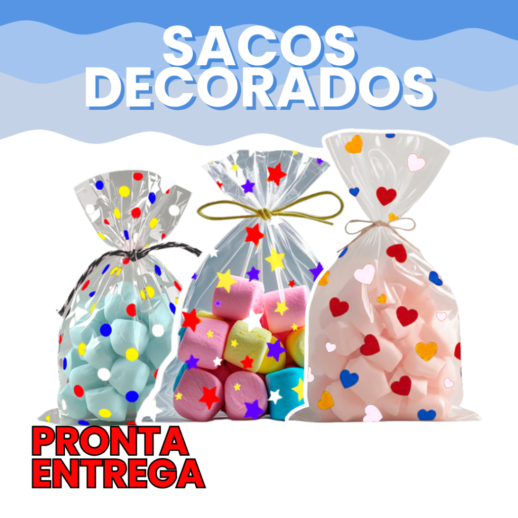 50 Saquinhos 4 cores Plásticos Decorados Coração Estrela Poa 10x15cm 11x20cm 15X22cm 15x30cm 20x30cm