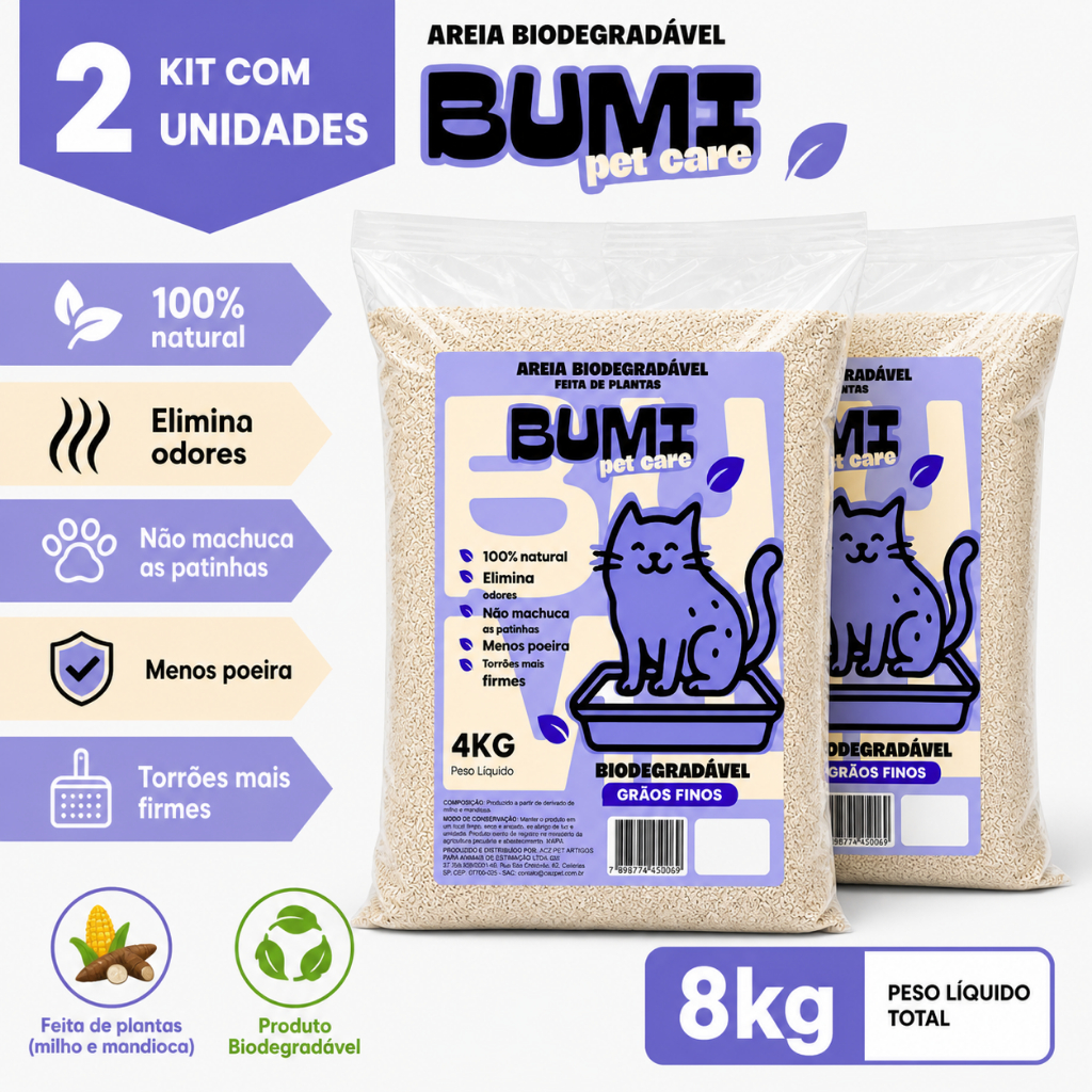 Areia Bumi Pet 8kg Mandioca Biodegradável Alta Absorção Anti Odor Gatos
