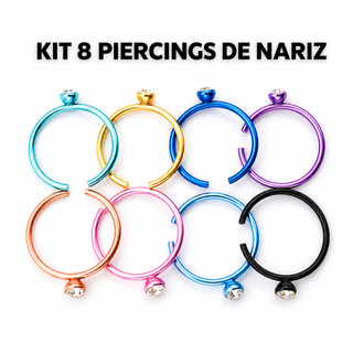 Kit 8 Piercings de Nariz de Furo Aço Cirúrgico 8 Cores com Ponto de Luz de Zircônia
