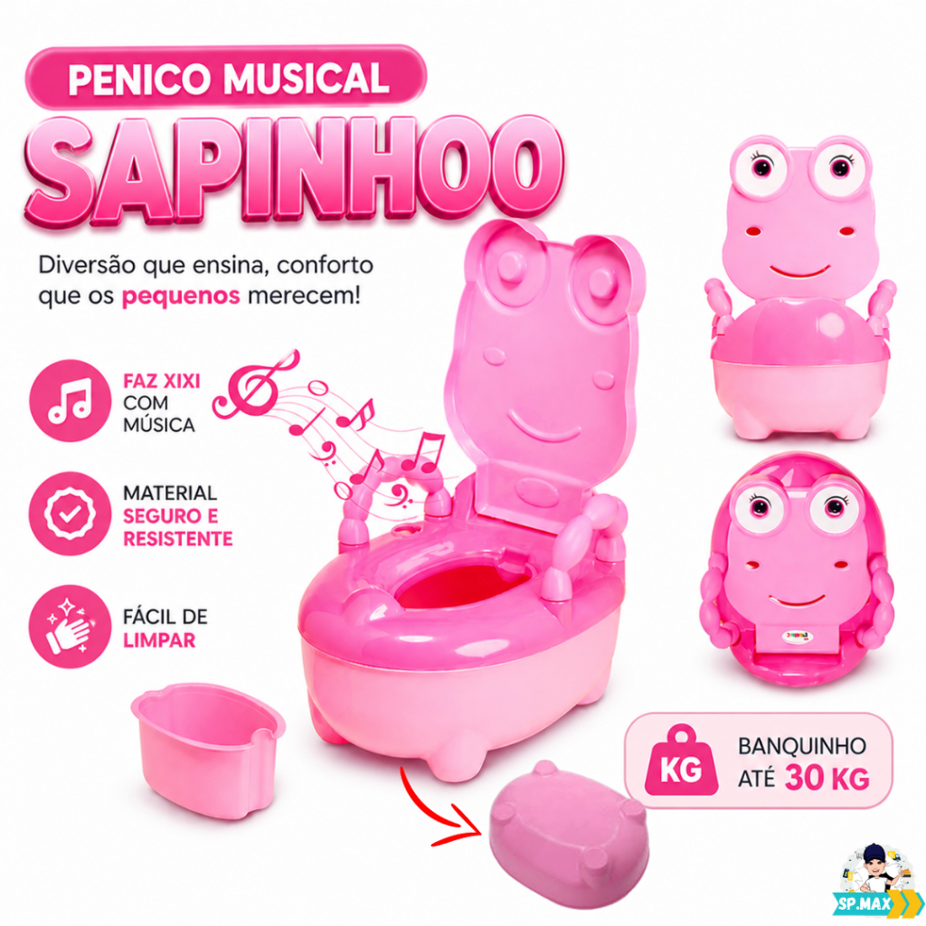 Troninho Musical (Desfralde) Banquinho ate 30Kg Penico Infantil Sapinho-Rosa
