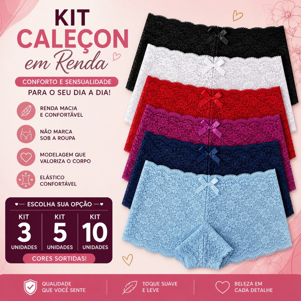 Kit Calcinha Caleçon Renda Feminina Shortinho Conforto 3 5 10 Peças