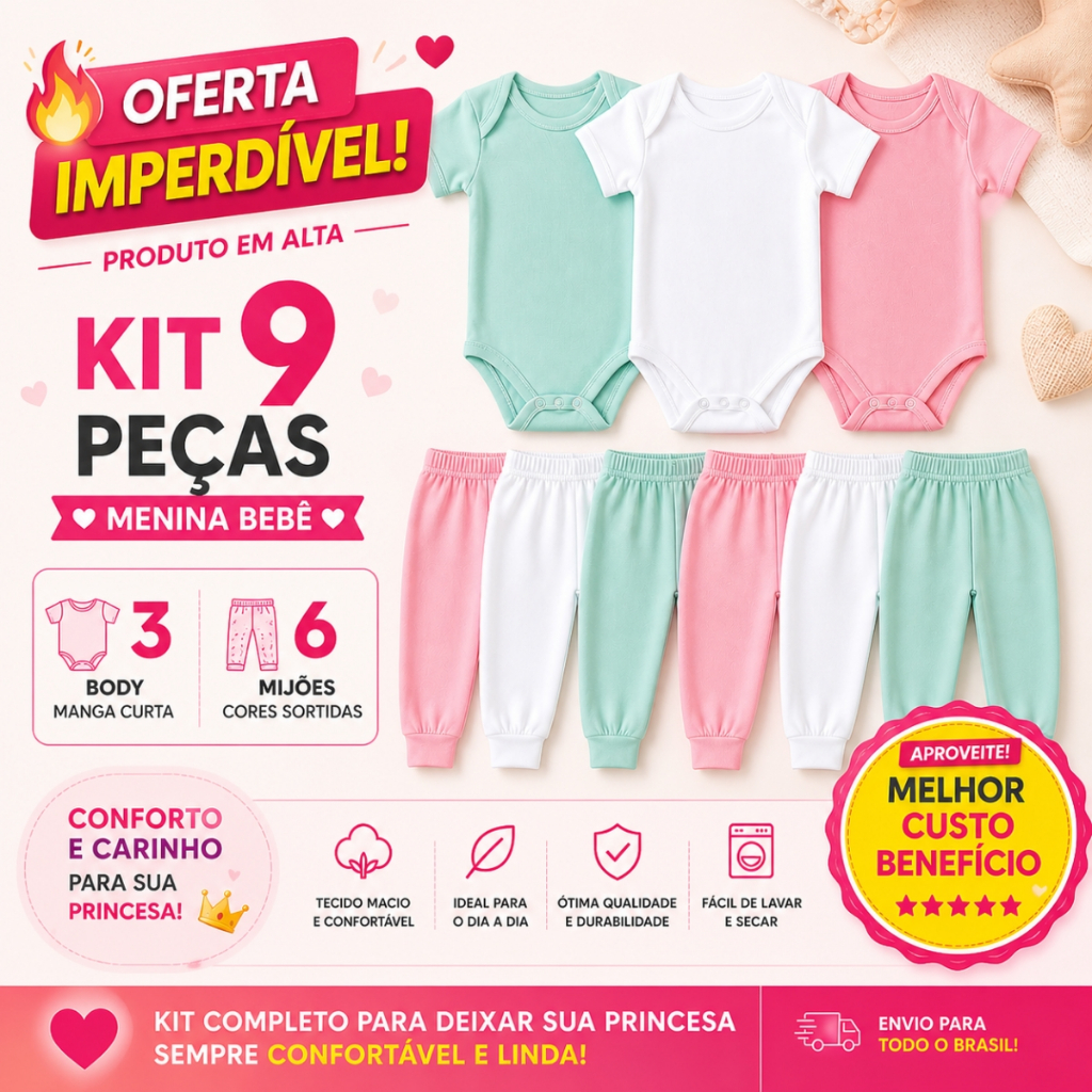 Kit 09 Peças Bebê Menina Body Manga Curta e Mijão Algodão Cores Sortidas