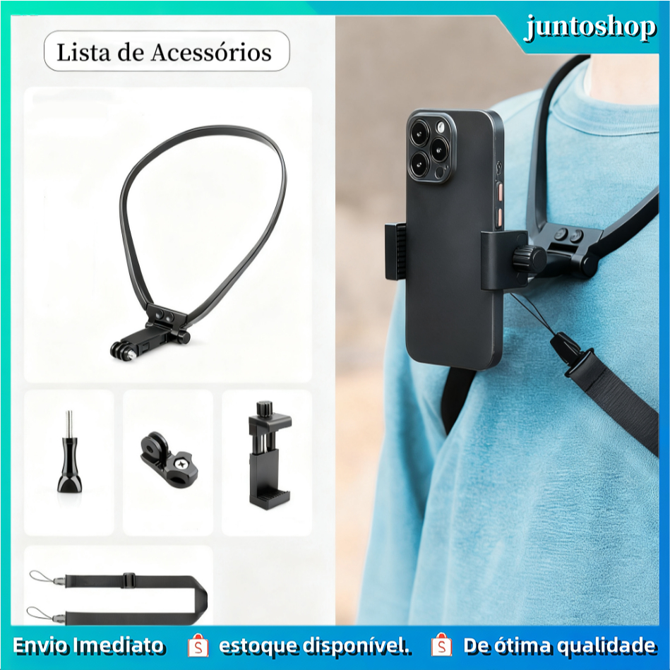 Novo Kit de 5 Peças! Suporte de Pescoço Esticável com Rotação de 360°, compatível com celular e câmera de ação