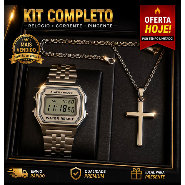 Kit Relógio Retrô + Corrente + Crucifixo Masculino Aço Inox + Pulseira – Oferta Imperdível