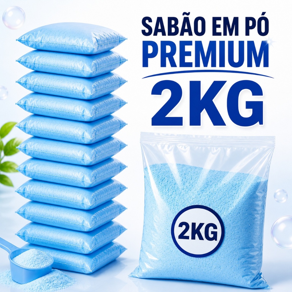 Sabão em Pó Premium 2Kg Concentrado Lava Roupas Limpeza Profunda Remove Manchas Perfume Duradouro