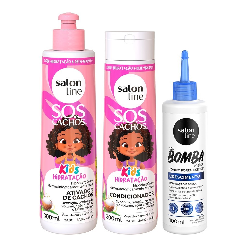 Kit com Condicionador e Ativador de Cachos SOS Cachos + Tônico Fortalecedor SOS Bomba Salon Line