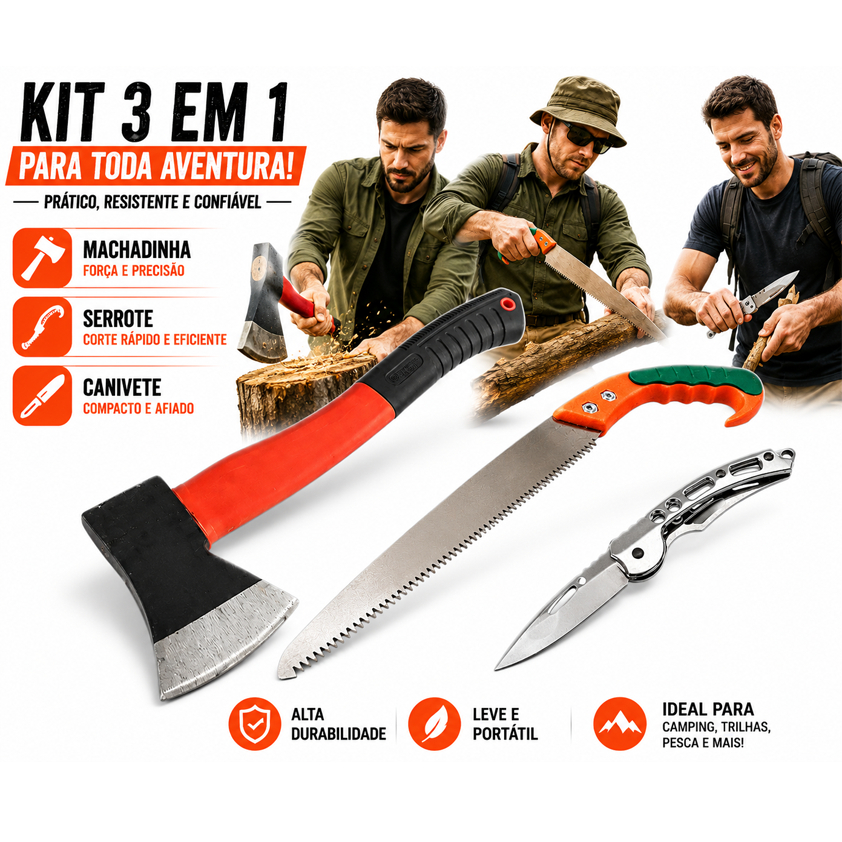 Kit serrote poda galho carpinteiro jardim + Canivete Retrátil Pesca Caça Camping + machadinha lenha