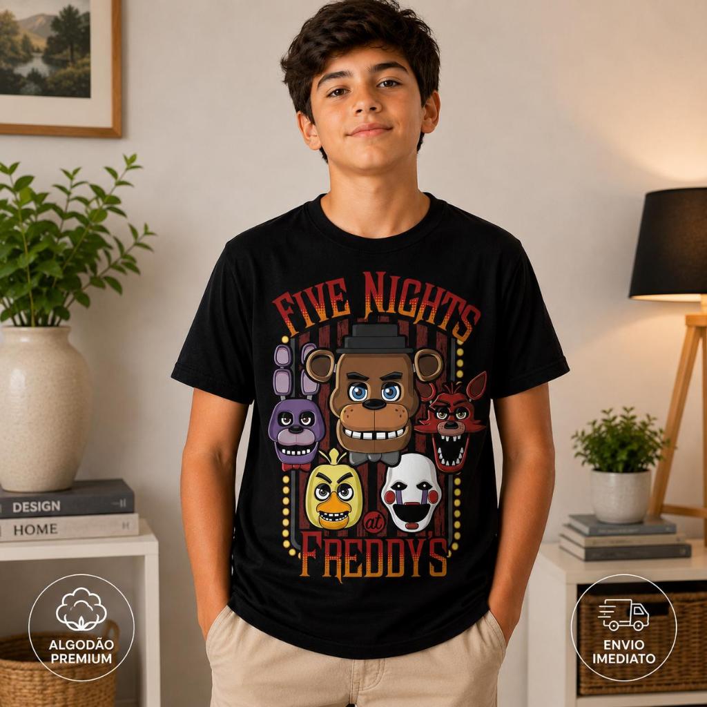 Camiseta do Filme Five Nights at Freddy’s Infantil Adulto Algodão Estampada Gamer Unissex FNAF
