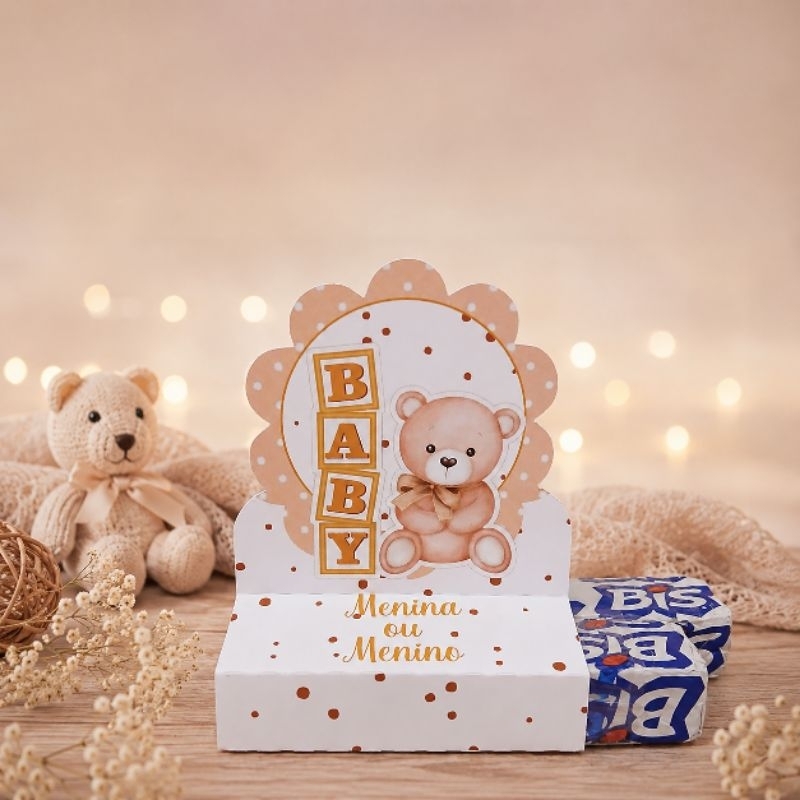 PEGUE E MONTE- Porta Bis Duplo Chá Revelação Ursinho Dourado - Neutro- Personalizados- Lembrancinha de Festa - Decoração