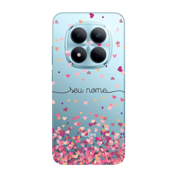 Capinha para Xiaomi RedMi Note 15 Pro 5G Anti Impacto Personalizada - Chuva de corações rosa com nome