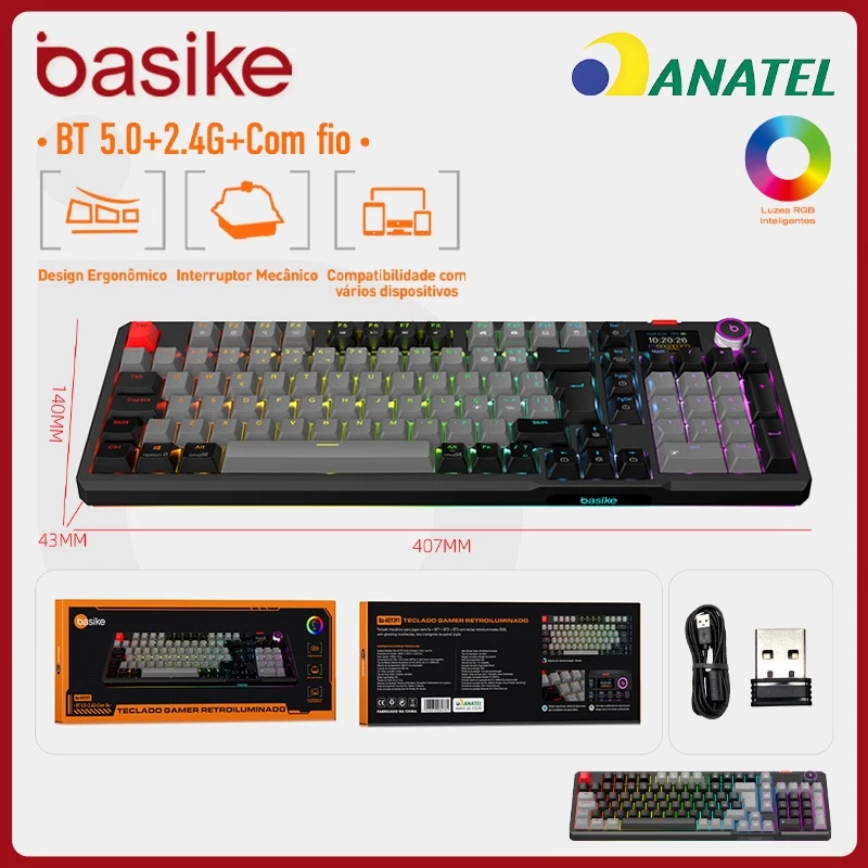 Basike Teclado Mecânico Modo triplo,RGB Switches vermelhos Teclado mecânico Design ergonômico Com visor digital,key391