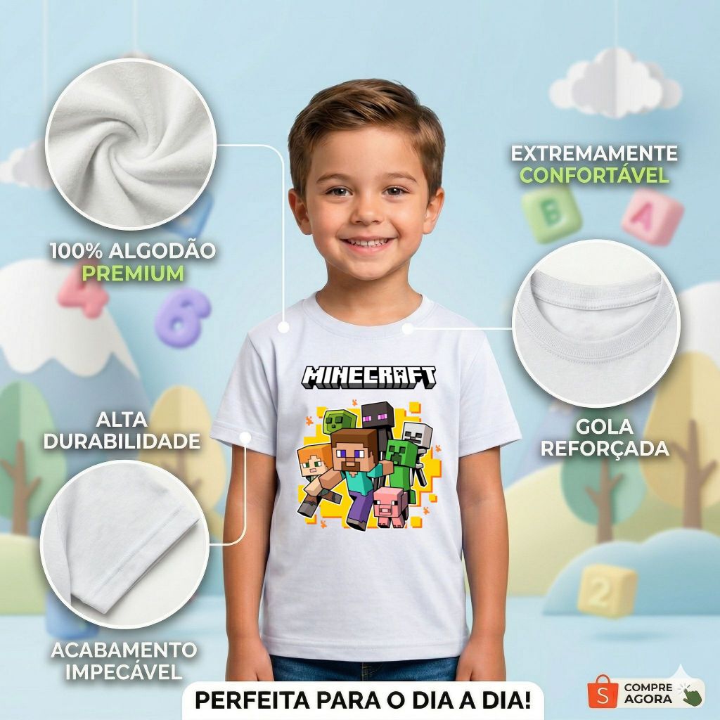 Camiseta Infantil Menino Games Mine Algodão 100% Premium Blusa Criança e Adulto Confortável Casual — imagem 2 de 2
