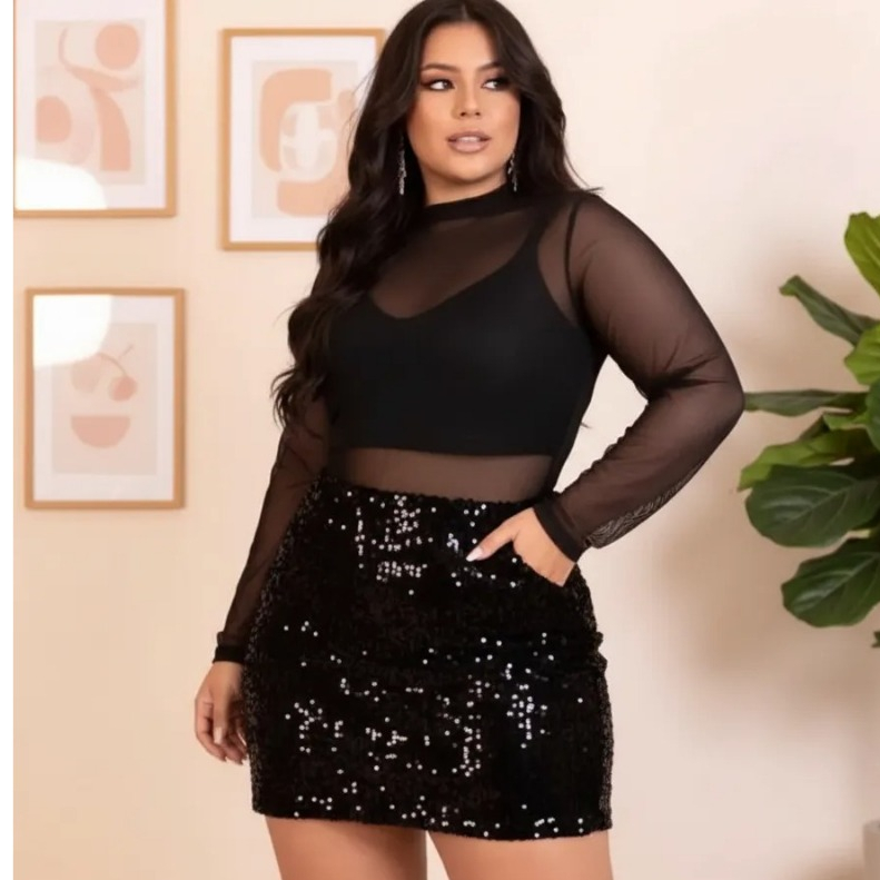 Saia Paetê  Plus Size+ Body Tule Manga Longa + Cropped Renda Alcinha