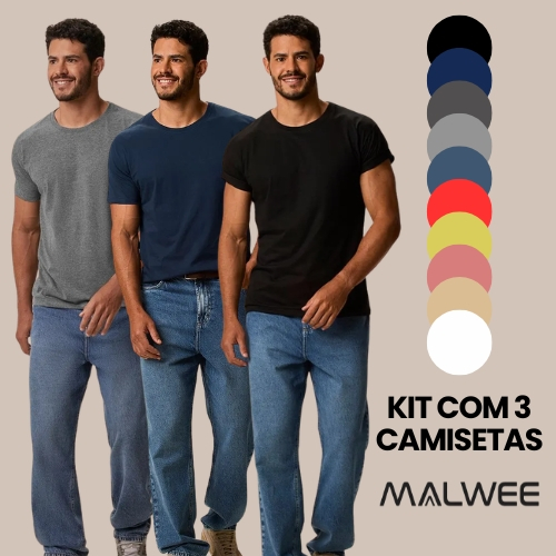 Camiseta Masculina Básica Malwee Kit 3 100% Algodão Confortável Uniforme Presente Dia dos Namorados