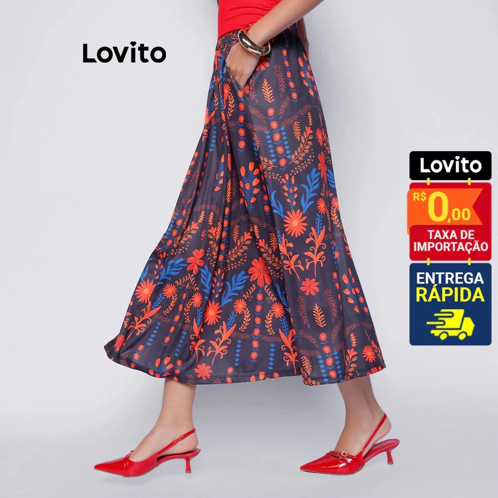 Lovito Saia Longa Com Bolsos Rodada Casual Estampa Tropical Feminina BRSKB1056BRL1086