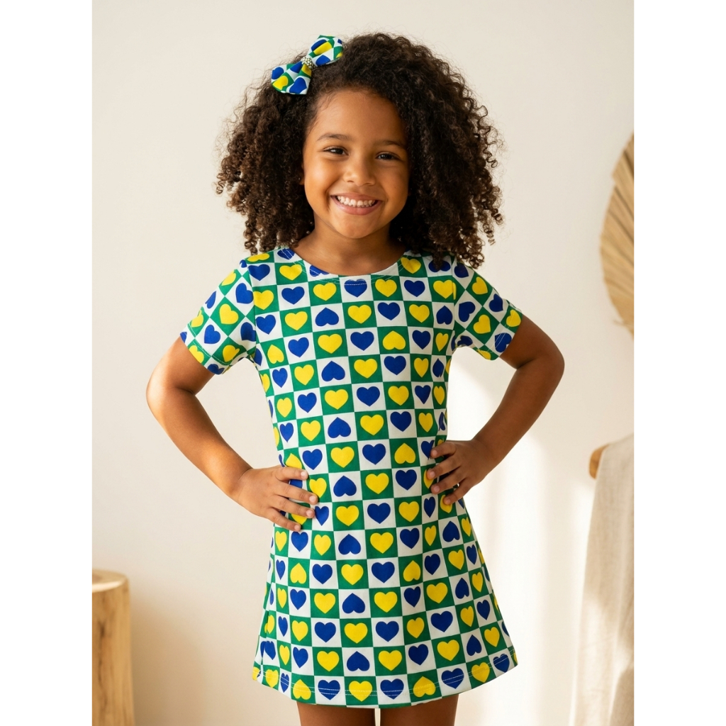 Vestido Camisetão com Laço De Cabelo Veste Amarelo Copa Camiseta Camisete Infantil Brasil Futebol
