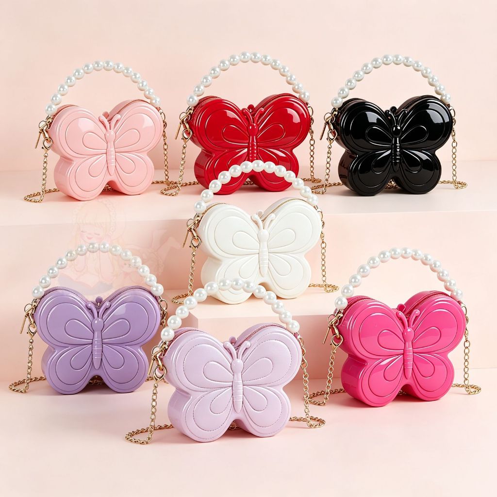 Bolsa Borboleta Feminina com Pérolas e Corrente - Mini Bolsa Transversal e Alça de Mão, Várias Cores, Estilo Fofo para F