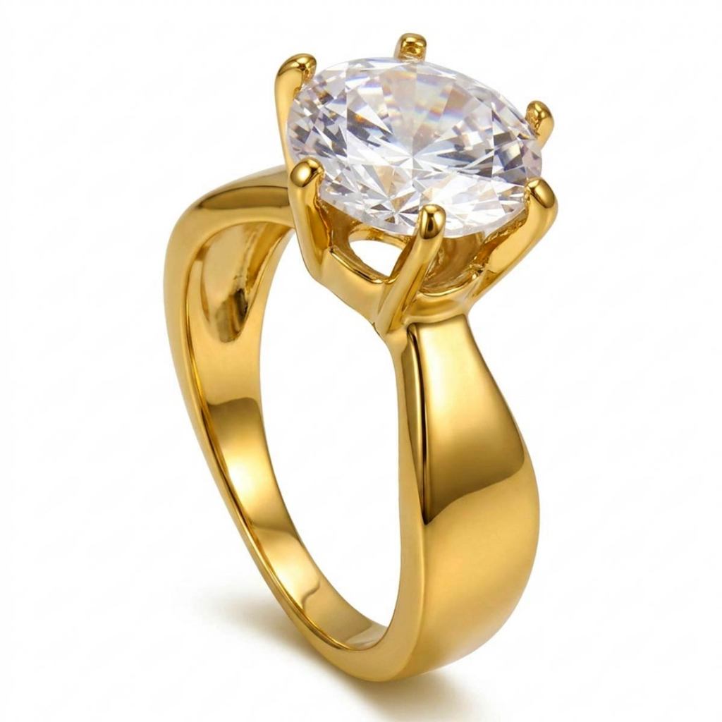Anel Solitário Grande Zircônia com Garras Folheado em Ouro 18K Semijoia Dourada Softjoias